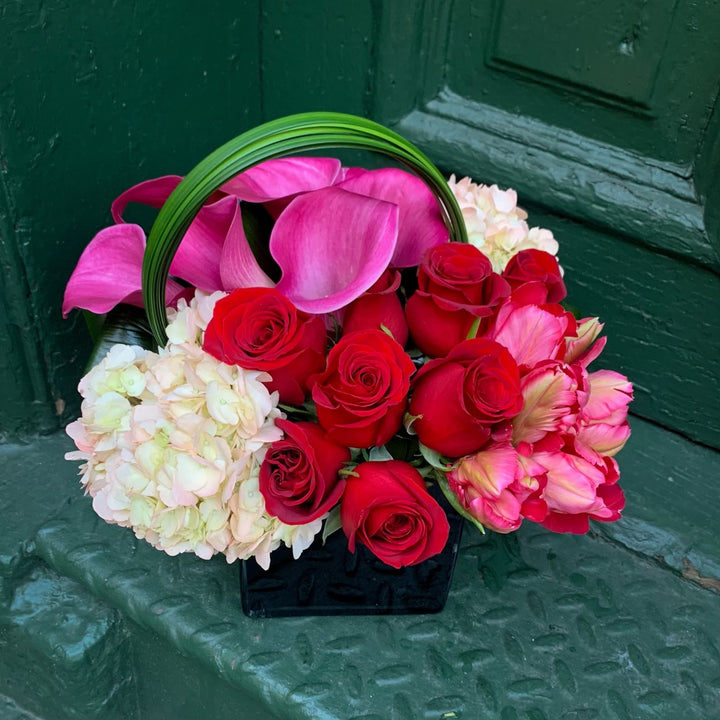 Red Roses, Pink Calla, Hydrangea, Tulips, and Lilly Grass Accents