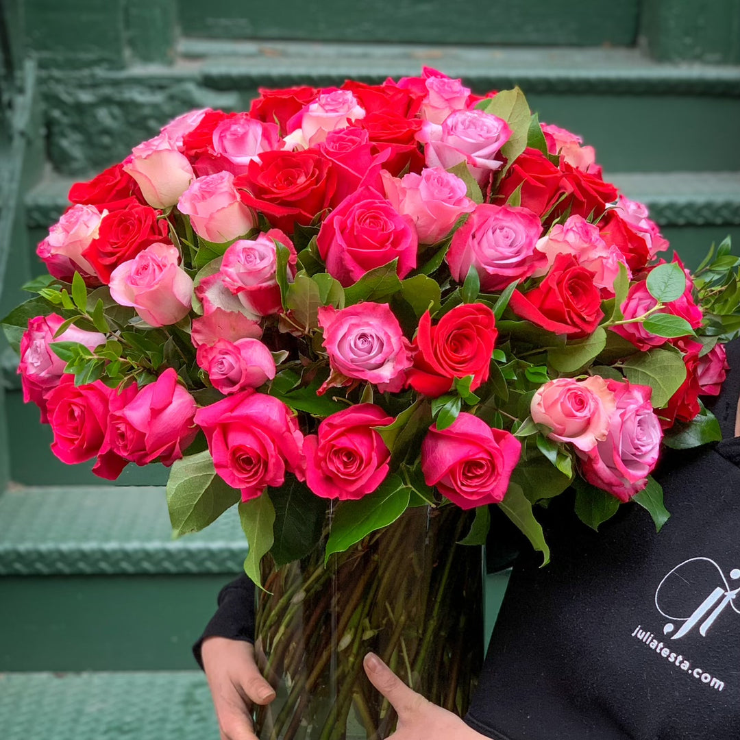 100 long stem roses in red, pink, purple mixed